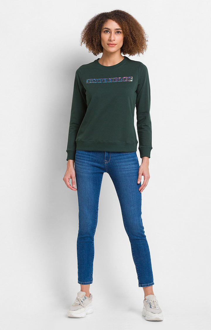 Spykar Bottle Green Blend Full Sleeve Round Neck Sweatshirts For Women