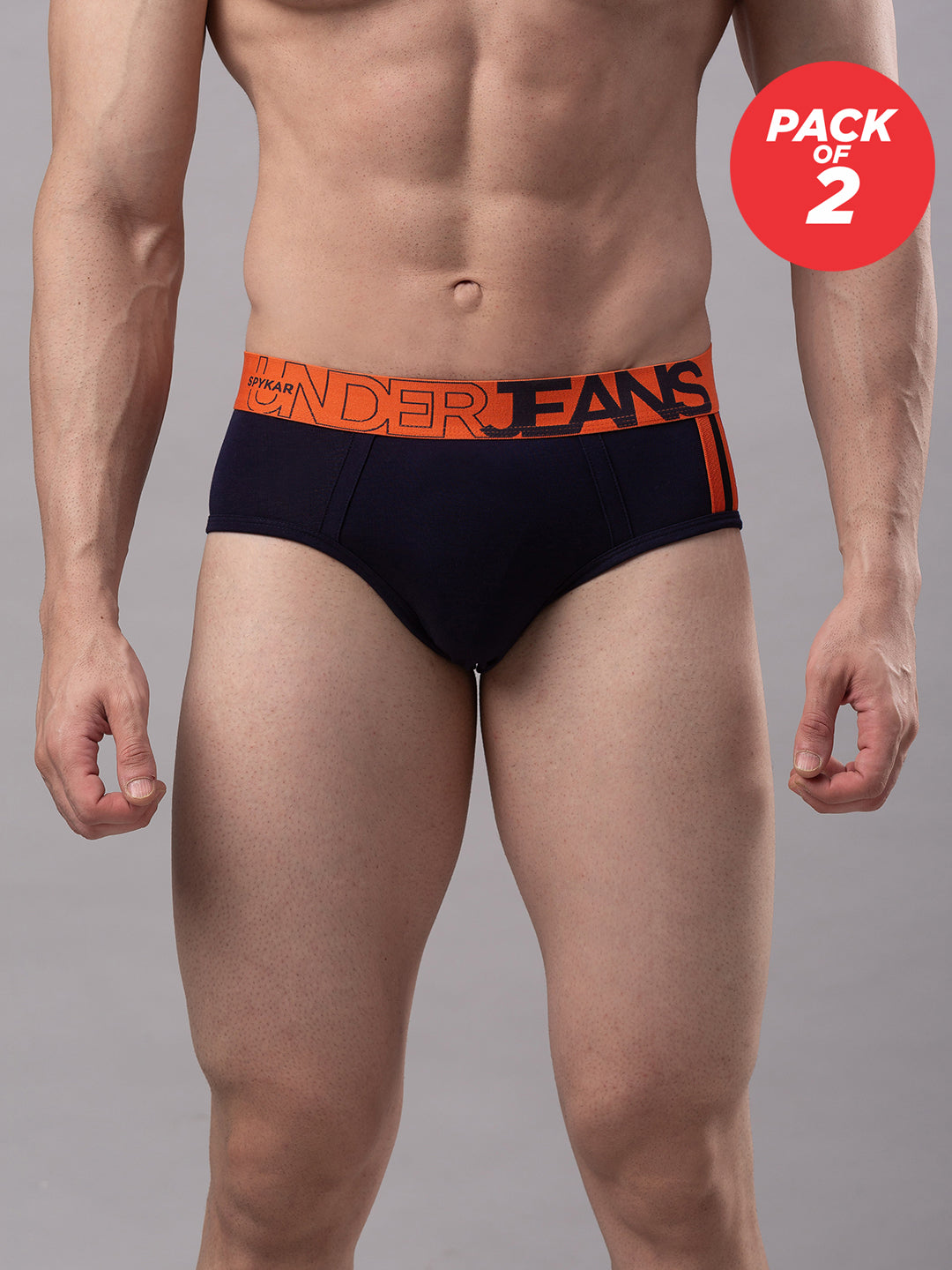 Men Cotton Blend Navy-Orange Brief - (Pack Of 2)- Underjeans By Spykar