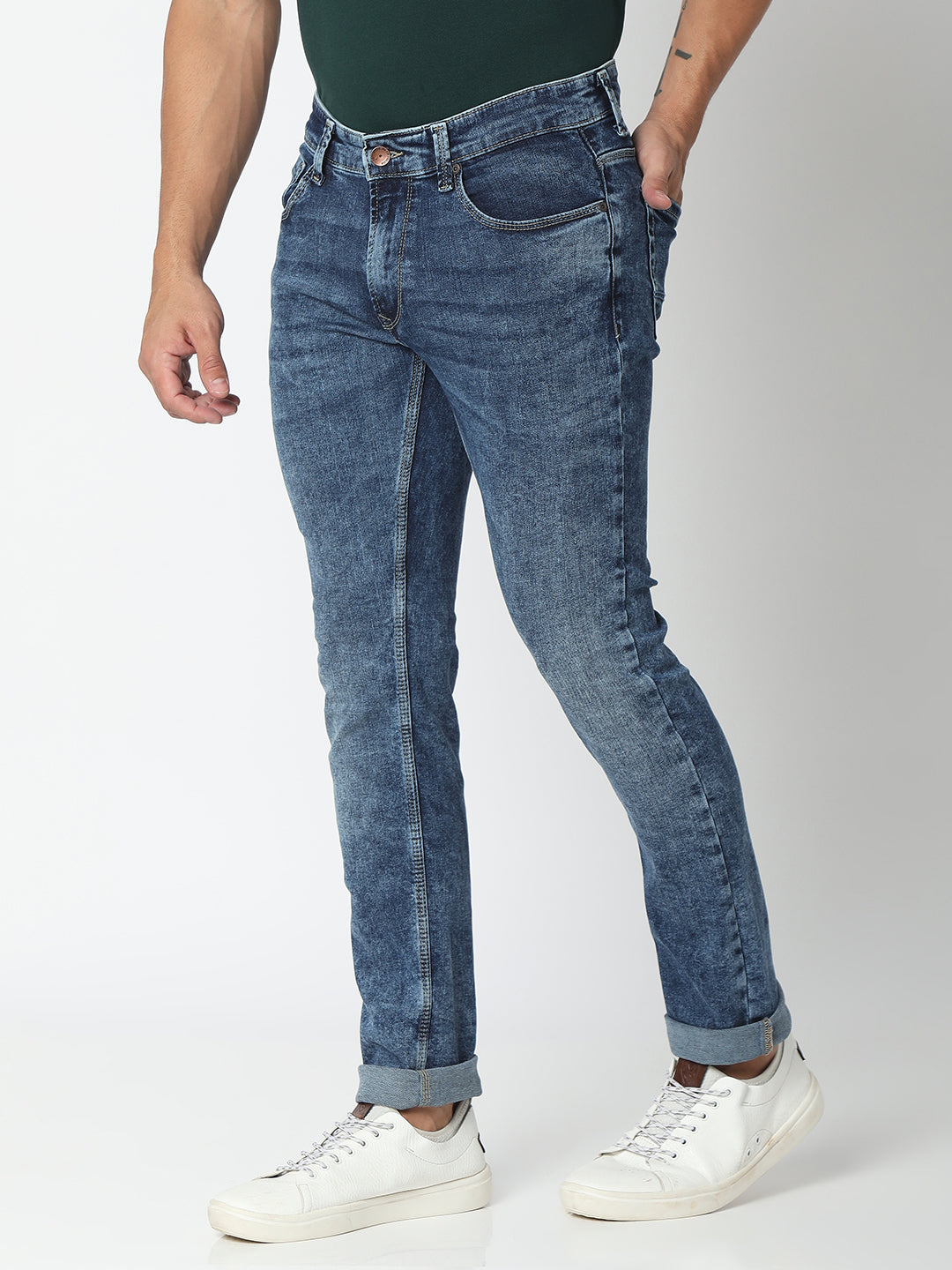 Spykar Mid Blue Cotton Regular Fit Narrow Length Jeans For Men (Rover)