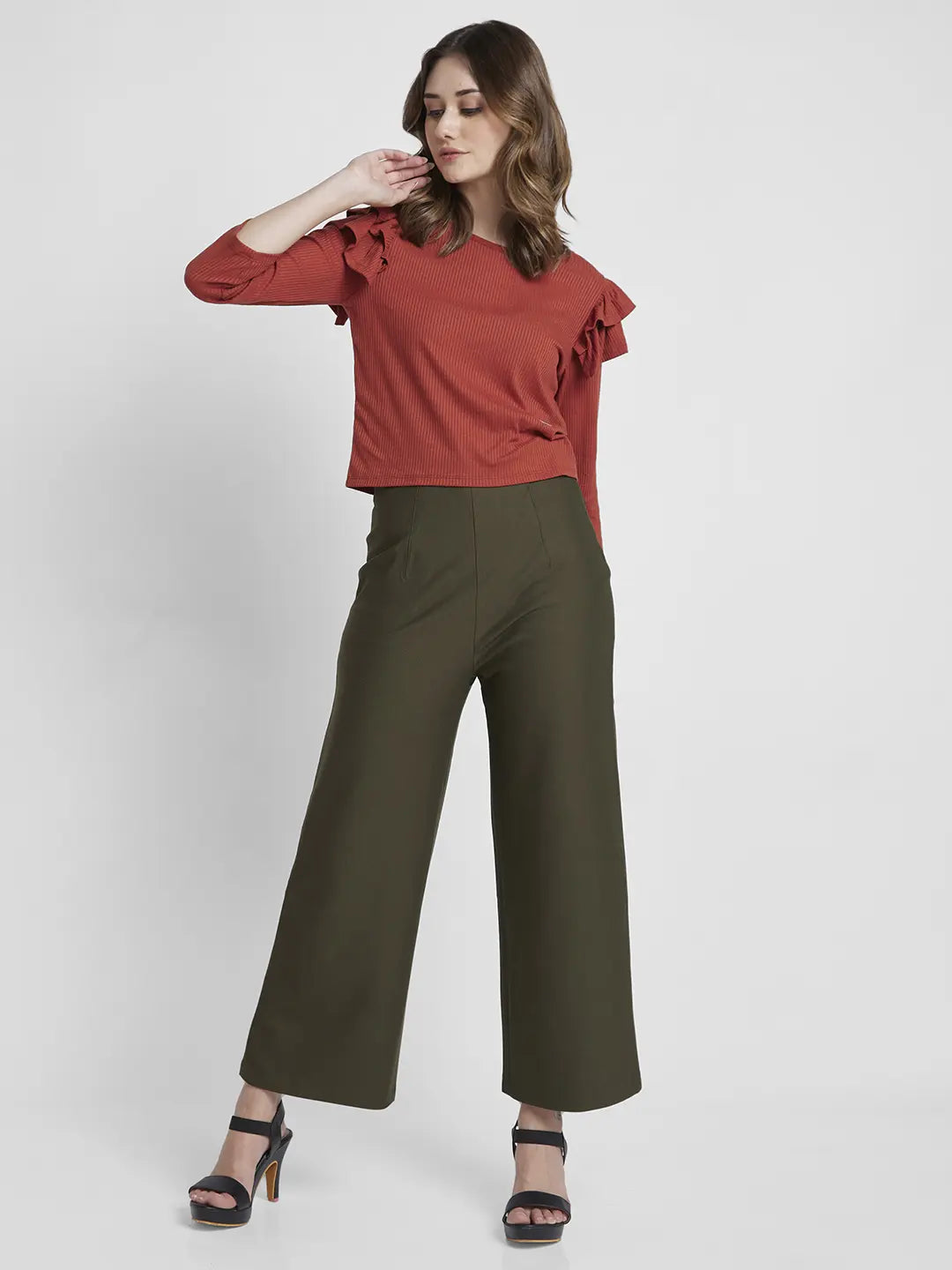 Spykar Women Olive Green Blended Flared Fit Ankle Length Trackpant
