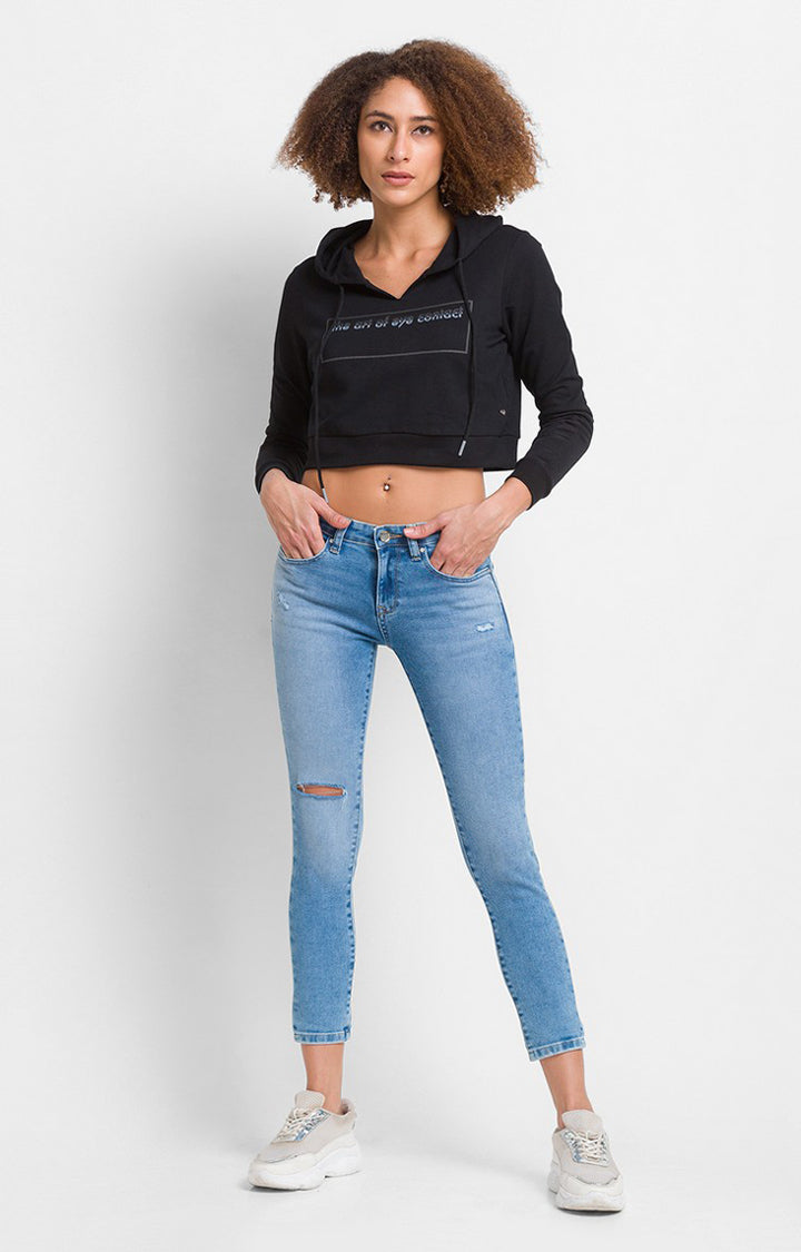 Spykar Black Cotton Blend Full Sleeve Hooded Sweatshirts For Women