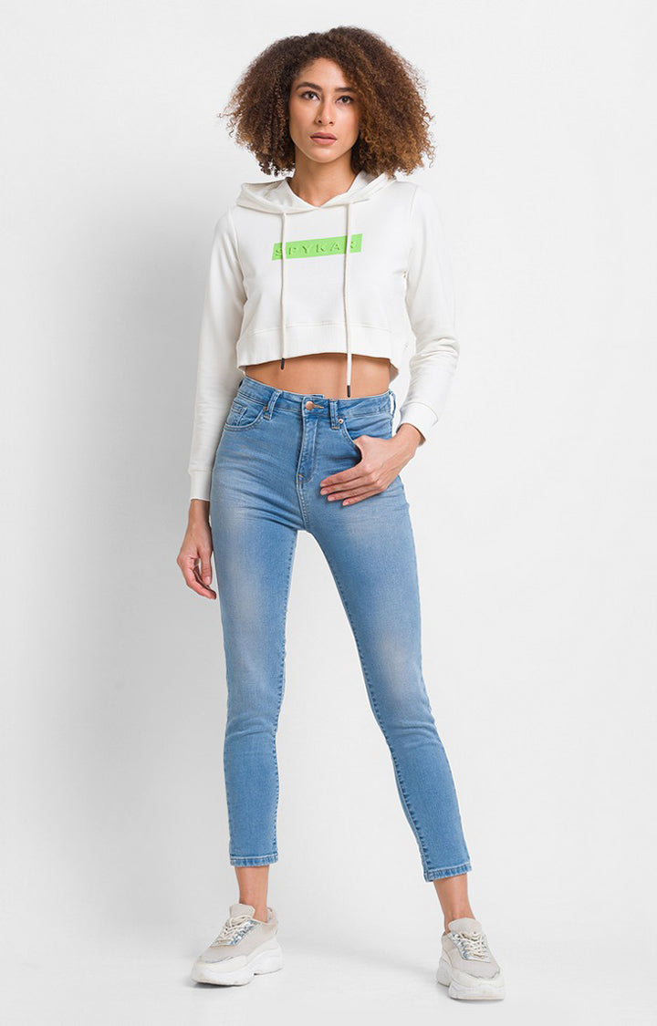 Spykar White Cotton Blend Full Sleeve Hooded Sweatshirts For Women