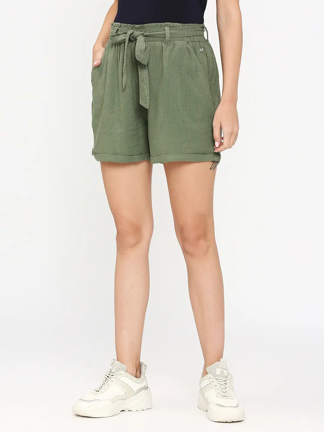 Spykar Women Olive Regular Fit Cotton Above Knee Length Cargo Shorts