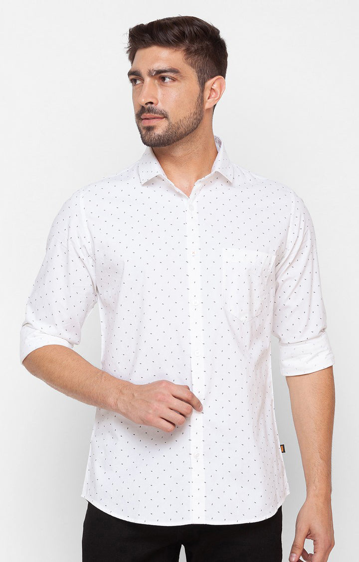 Spykar White Cotton Full Sleeve Printed Shirt For Men