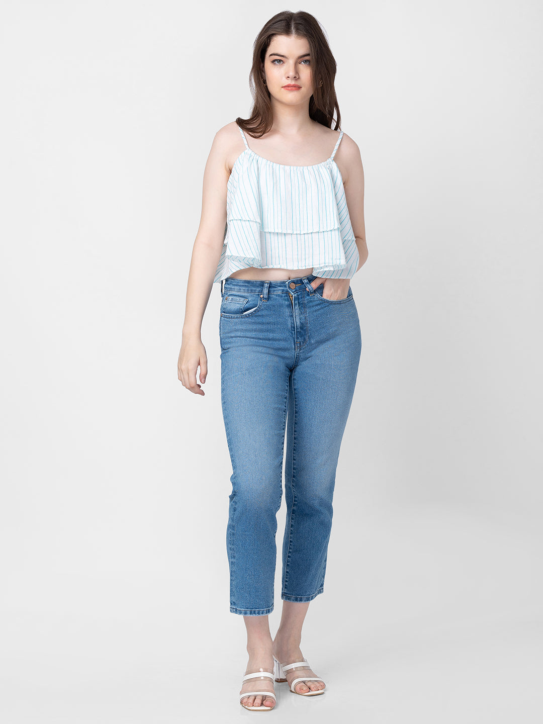 Spykar Women Light Blue Cotton Slim Straight Fit Ankle Length Jeans (Emma)