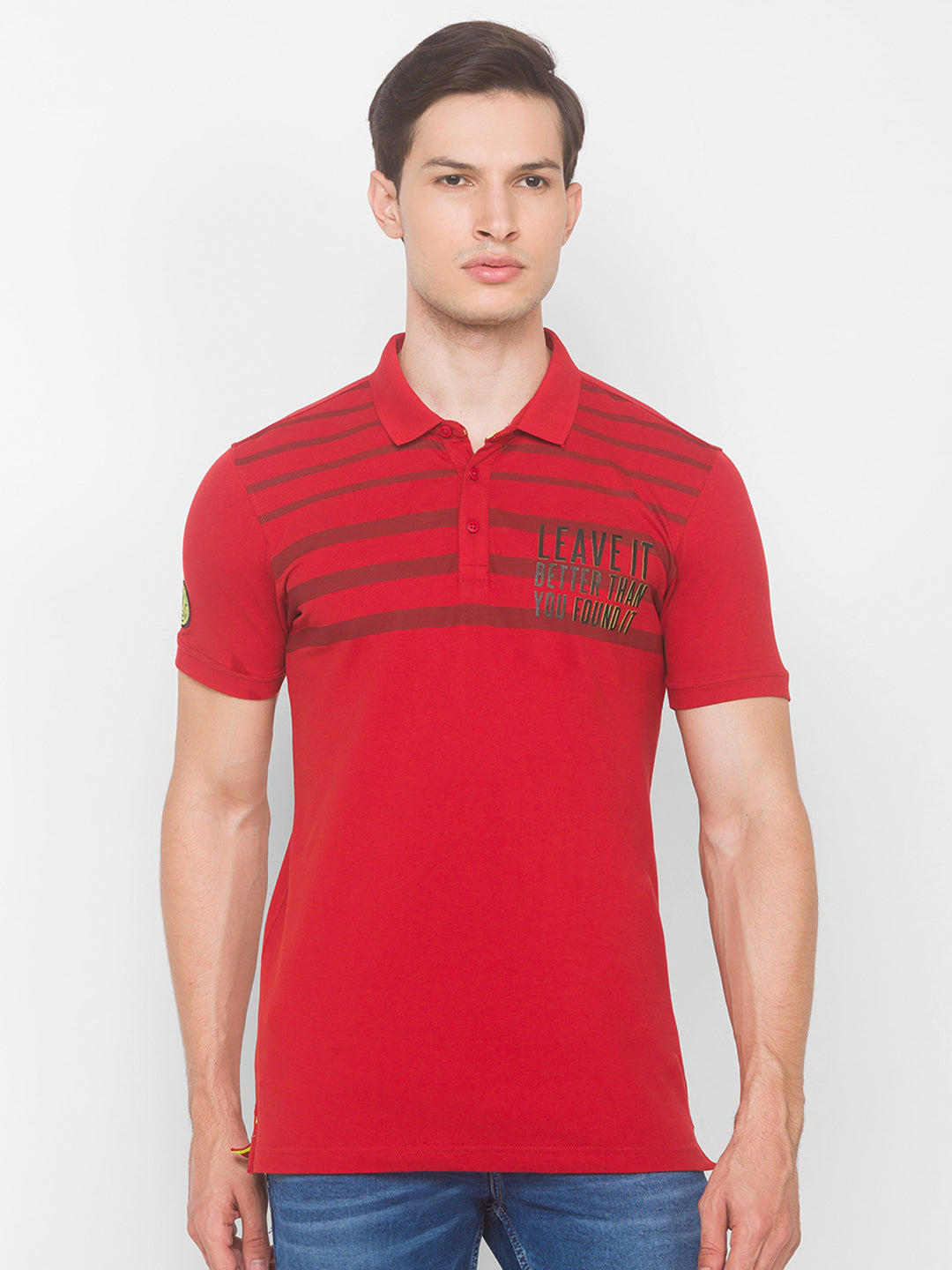 Spykar Men Orange Cotton Slim Fit Polo T-Shirt
