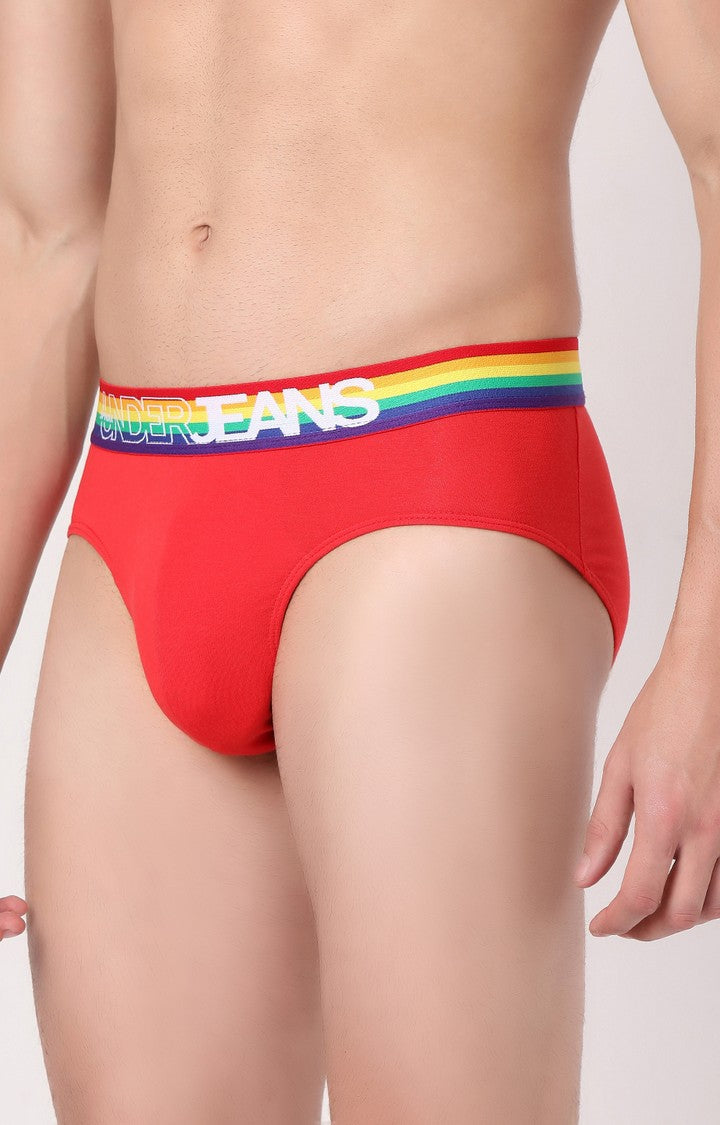 Men Red Multi Cotton Blend Brief- Underjeans By Spykar