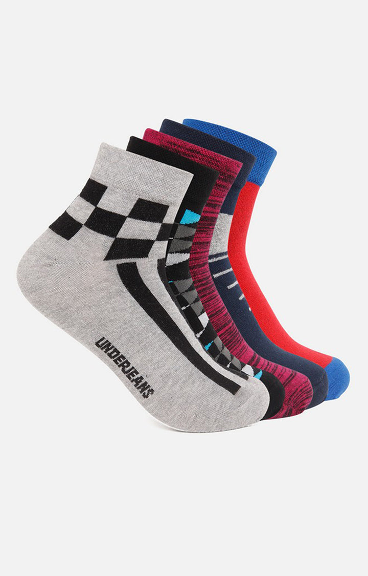 Men Pink Black Navy Grey Red Ankle Length (Non Terry) (Pack Of 5) Socks- Underjeans By Spykar
