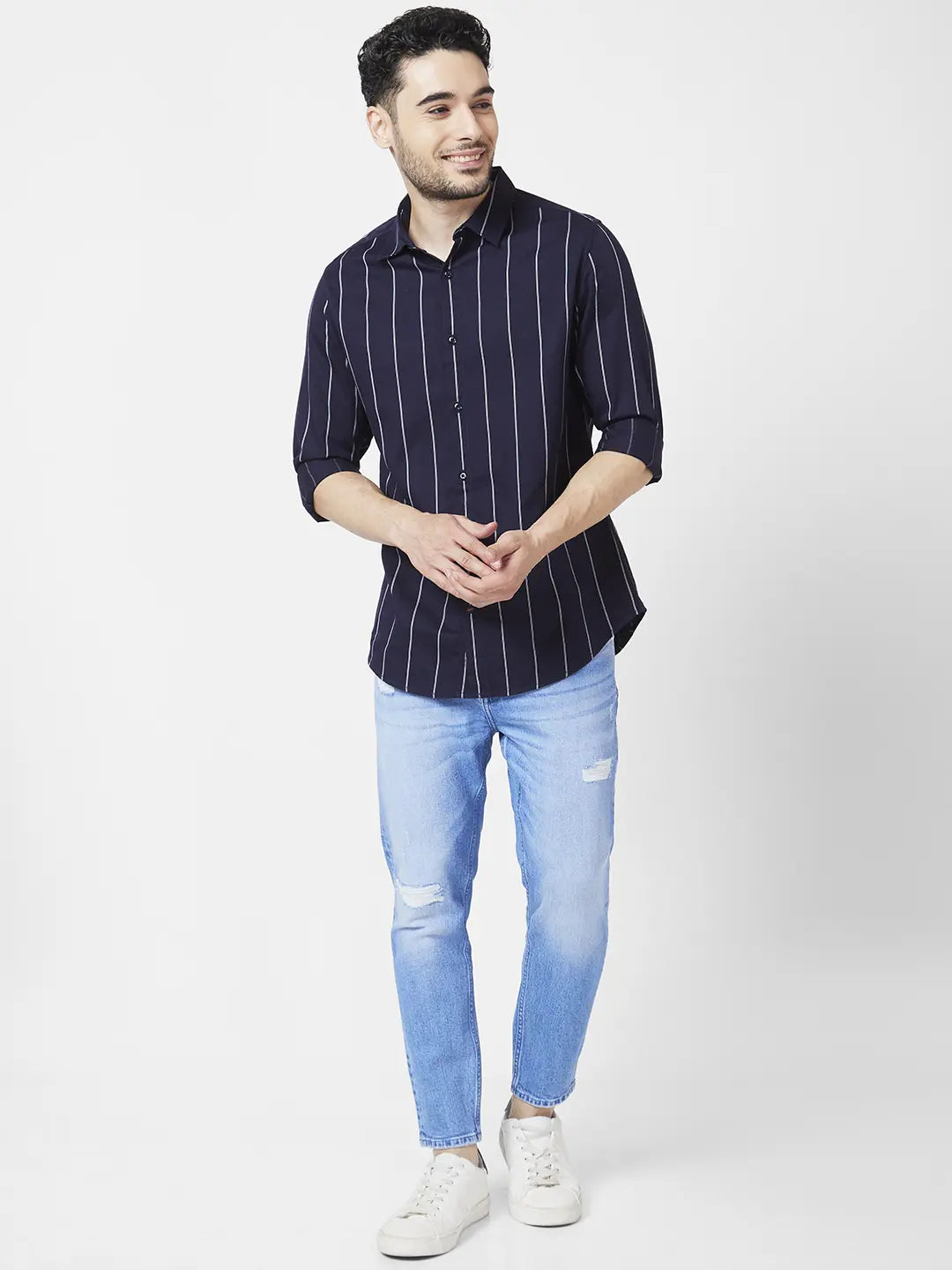 Spykar Men Navy Blue Cotton Slim Fit Full Sleeve Striped Shirt