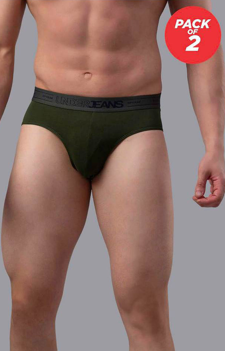 Olive Cotton Brief For Men - (Pack Of 2)- Underjeans By Spykar