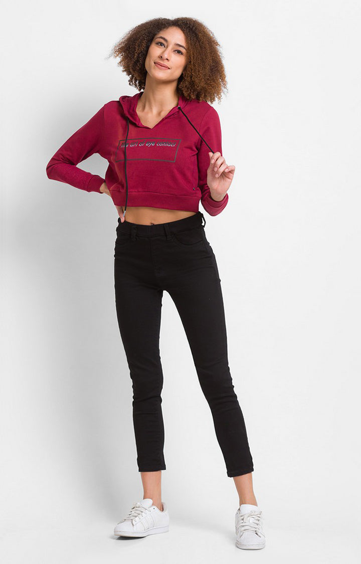 Spykar Wine Cotton Blend Full Sleeve Hooded Sweatshirts For Women