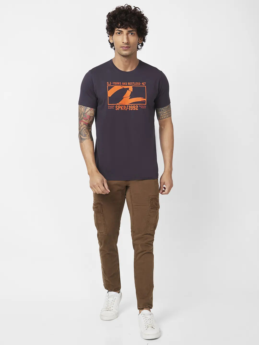 Spykar Men Slate Grey Blended Slim Fit Half Sleeve Round Neck Printed Tshirt