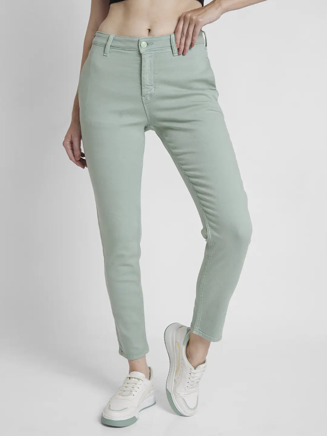 Spykar Women Fern Green Cotton Mom Fit Ankle Length Clean Look Jeans -(Amora)