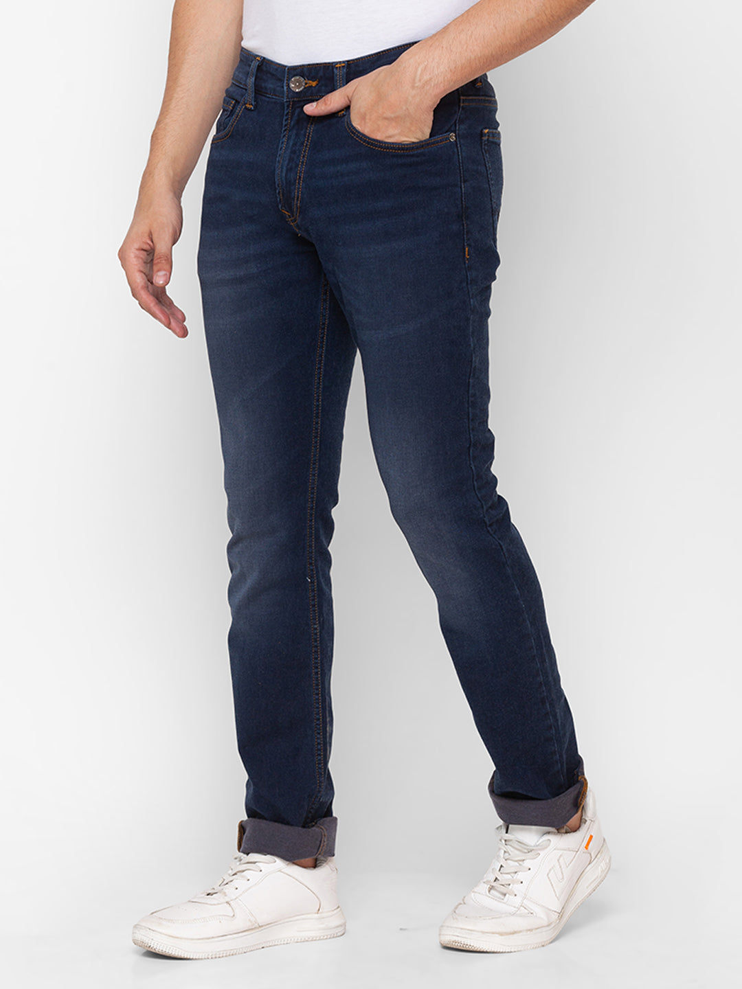 Spykar Dark Blue Cotton Regular Fit Narrow Length Jeans For Men (Rover)