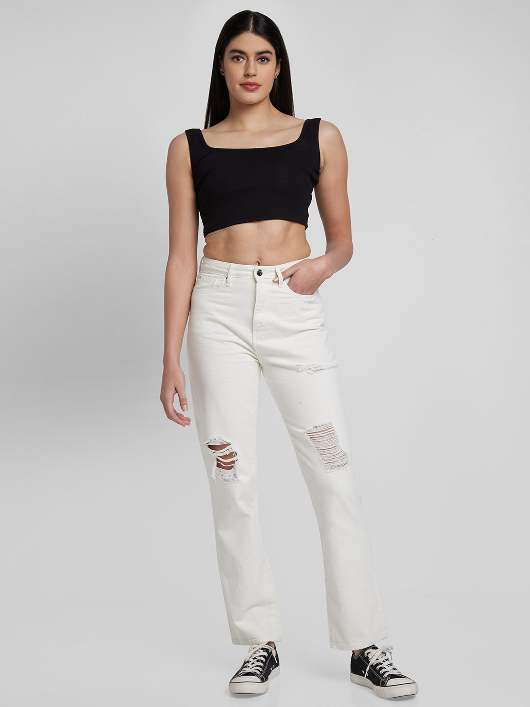Spykar Women White Cotton Straight Fit Regular Length Jeans (Bella)