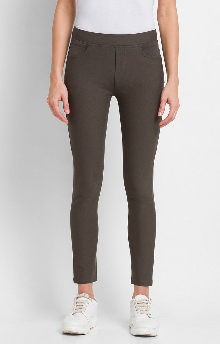 Spykar Olive Green Cotton Regular Fit Trackpant For Women