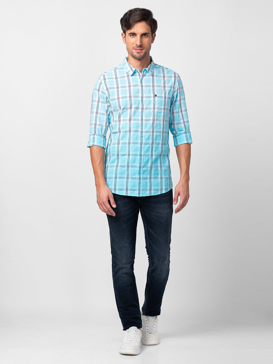 Spykar Men Sky Blue Cotton Slim Fit Checkered Shirt