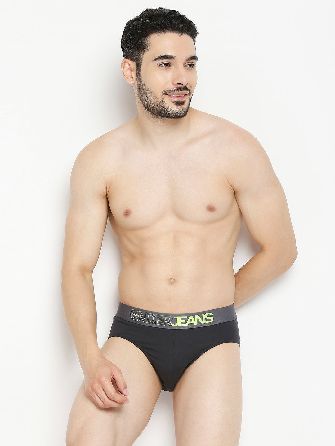 Men Dark Grey & Olive Cotton Blend Brief - Pack Of 2- Underjeans By Spykar