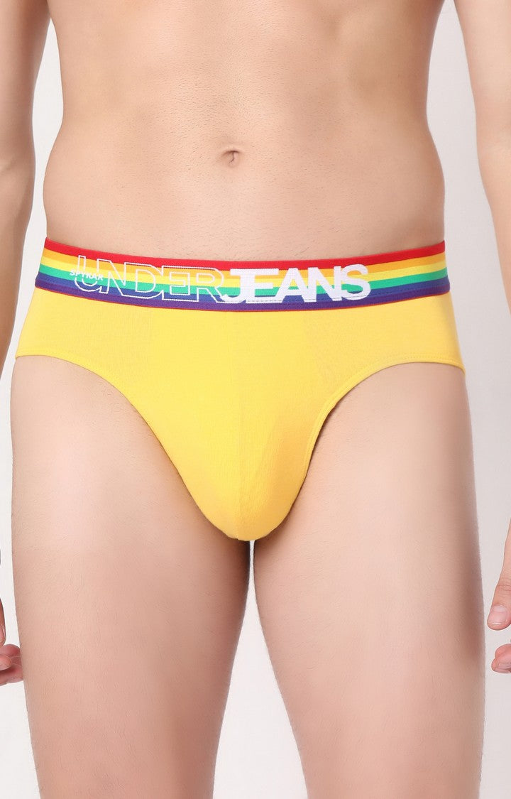 Men Yellow Multi Cotton Blend Brief- Underjeans By Spykar