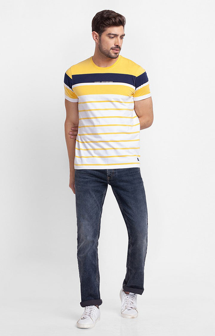 Spykar Sulphur Yellow Cotton Half Sleeve Stripes Casual T-Shirt For Men
