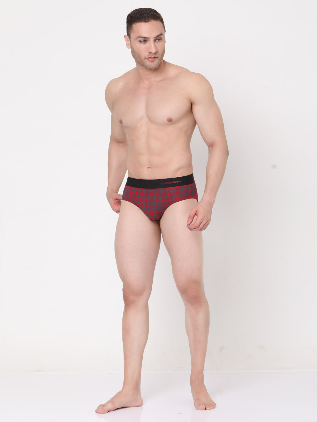 Men Cotton Blend Maroon-Check Brief- Underjeans By Spykar