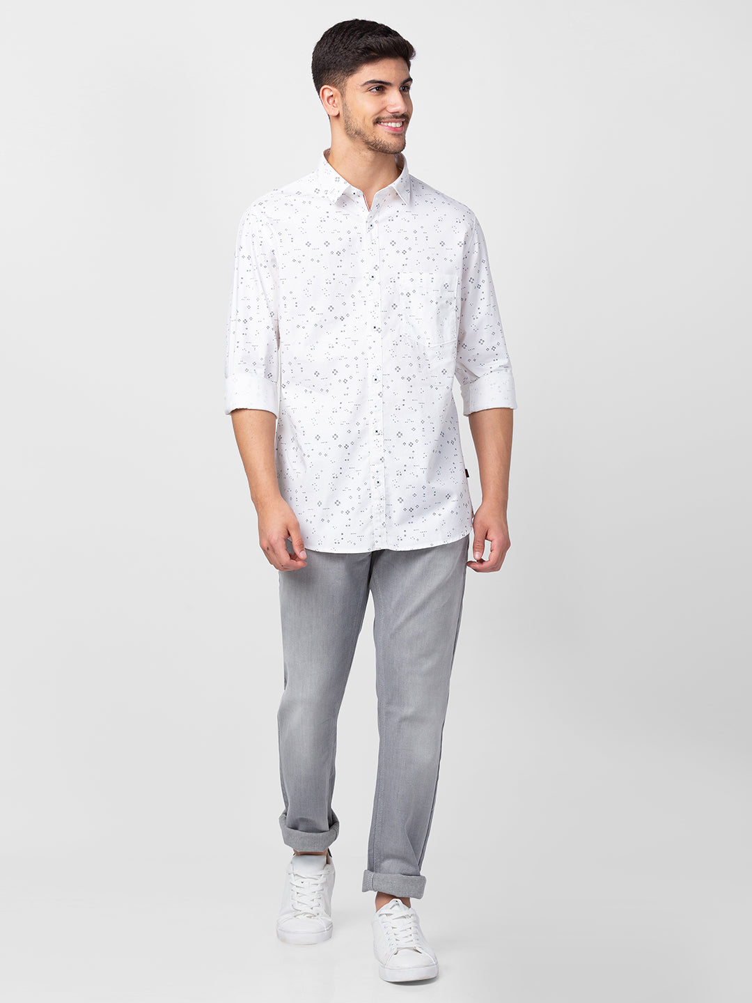 Spykar Men White Cotton Slim Fit Printed Shirt