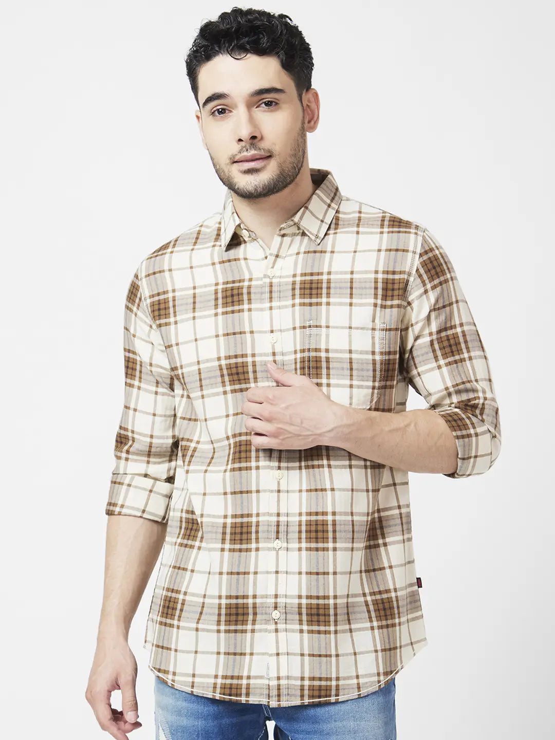 Spykar Men Moss Green Cotton Regular Slim Fit Full Sleeve Checkered Shirt