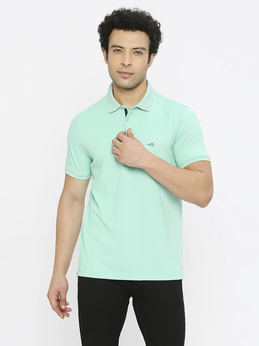Spykar Men Ice Green Blended Regular Fit Half Sleeve Plain Polo Tshirt