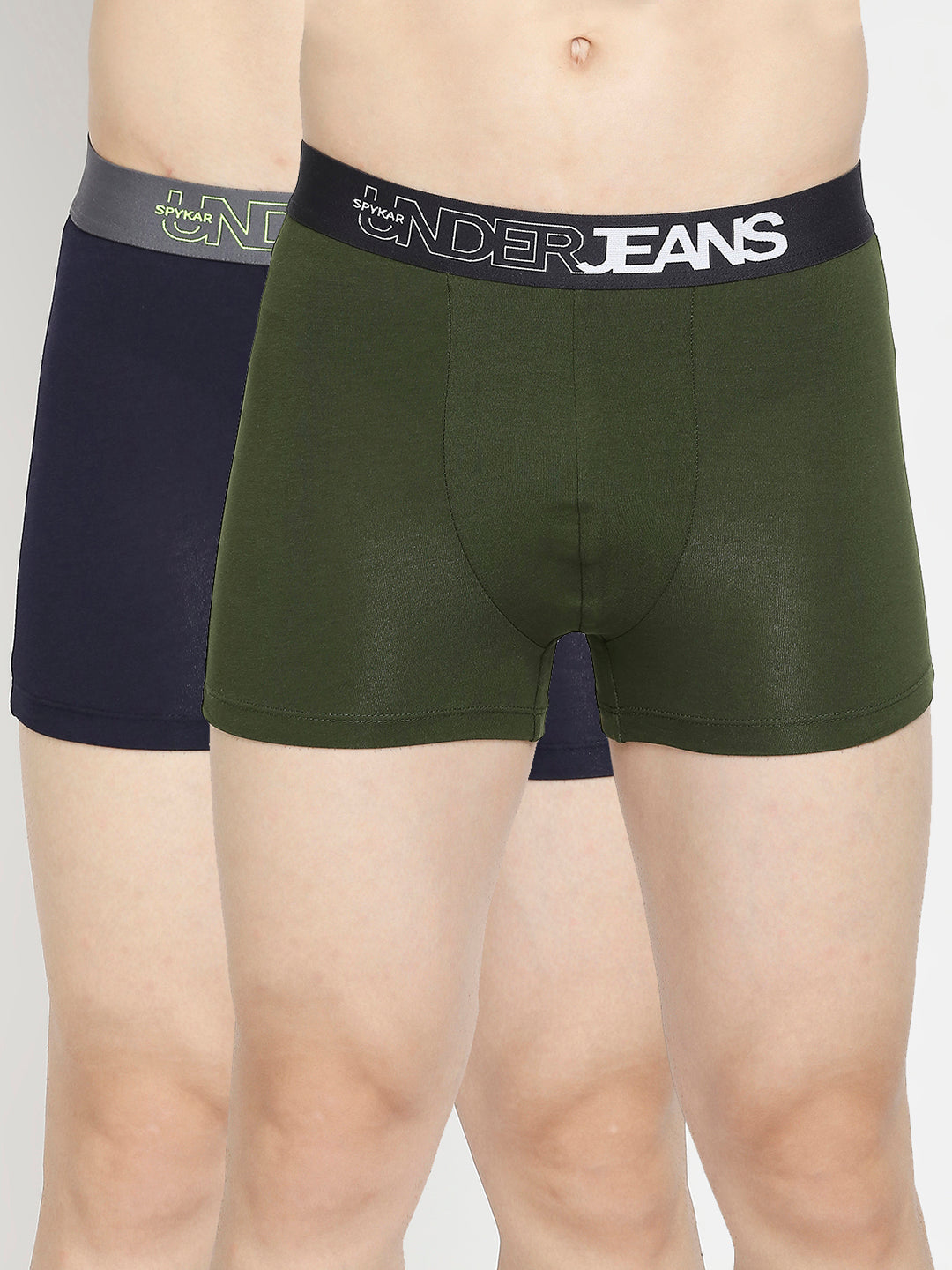 Men Navy Blue & Olive Cotton Blend Trunk - Pack Of 2- Underjeans By Spykar