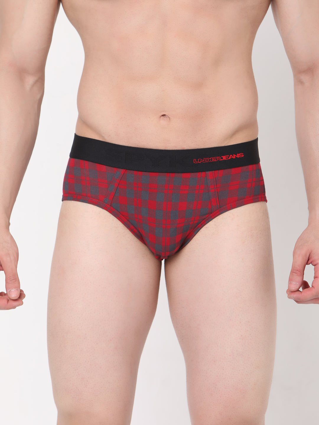 Men Cotton Blend Maroon-Check Brief- Underjeans By Spykar
