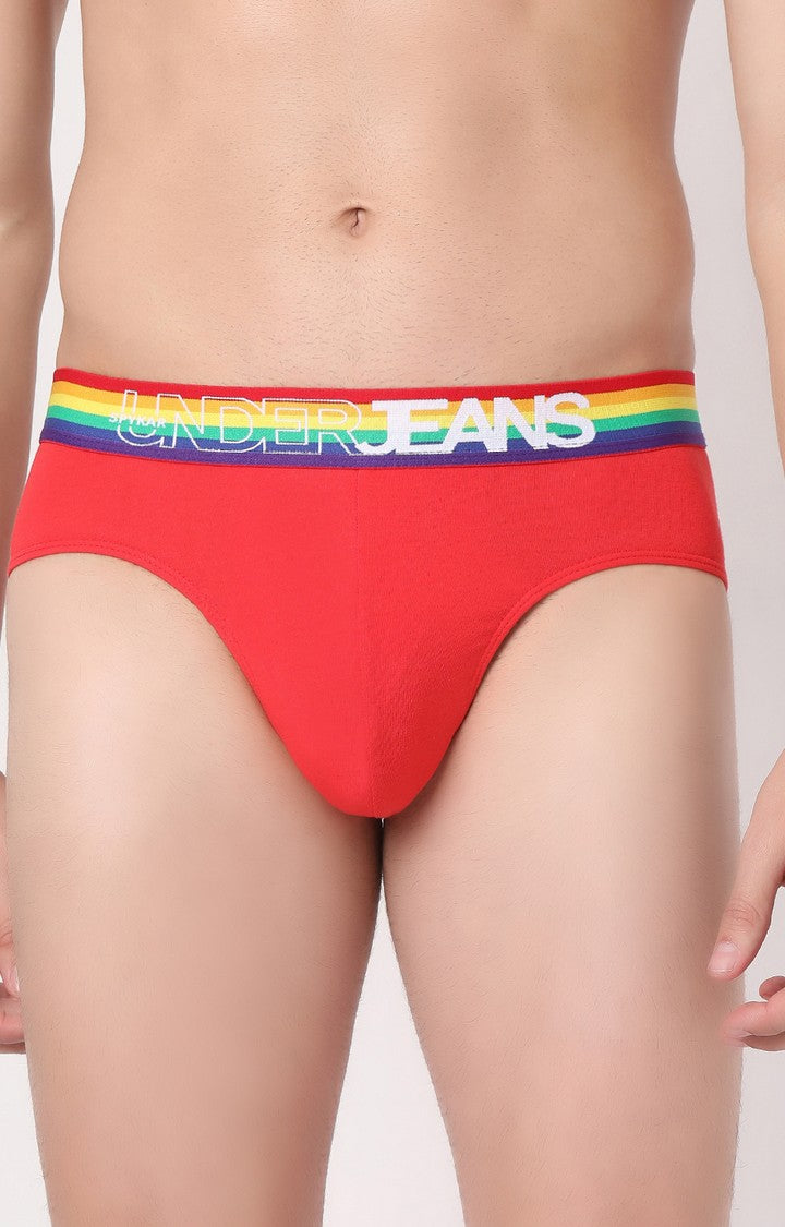 Men Red Multi Cotton Blend Brief- Underjeans By Spykar