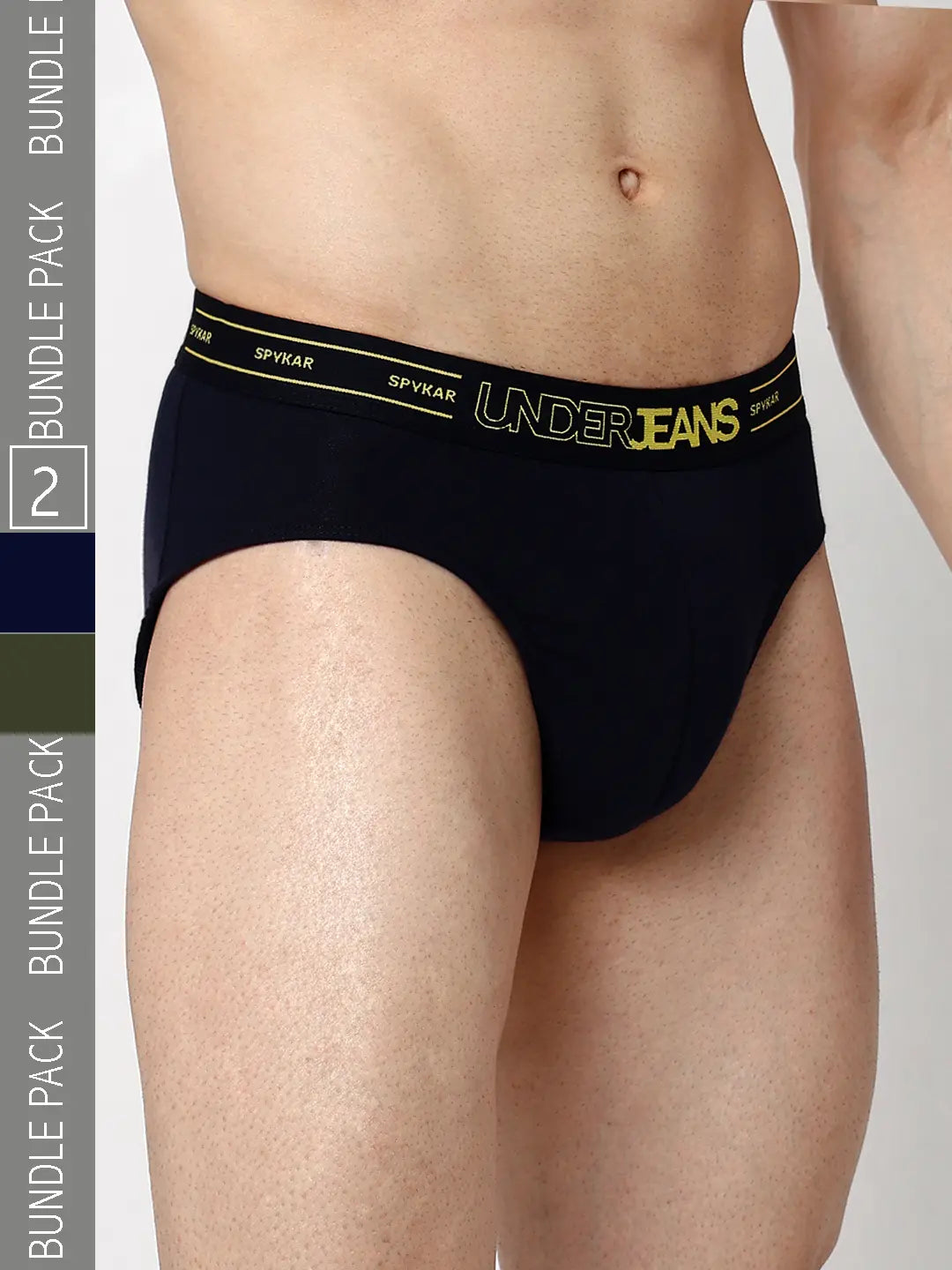 Underjeans By Spykar Men Navy Blue & Olive Cotton Blend Regular Fit Brief - Pack Of 2