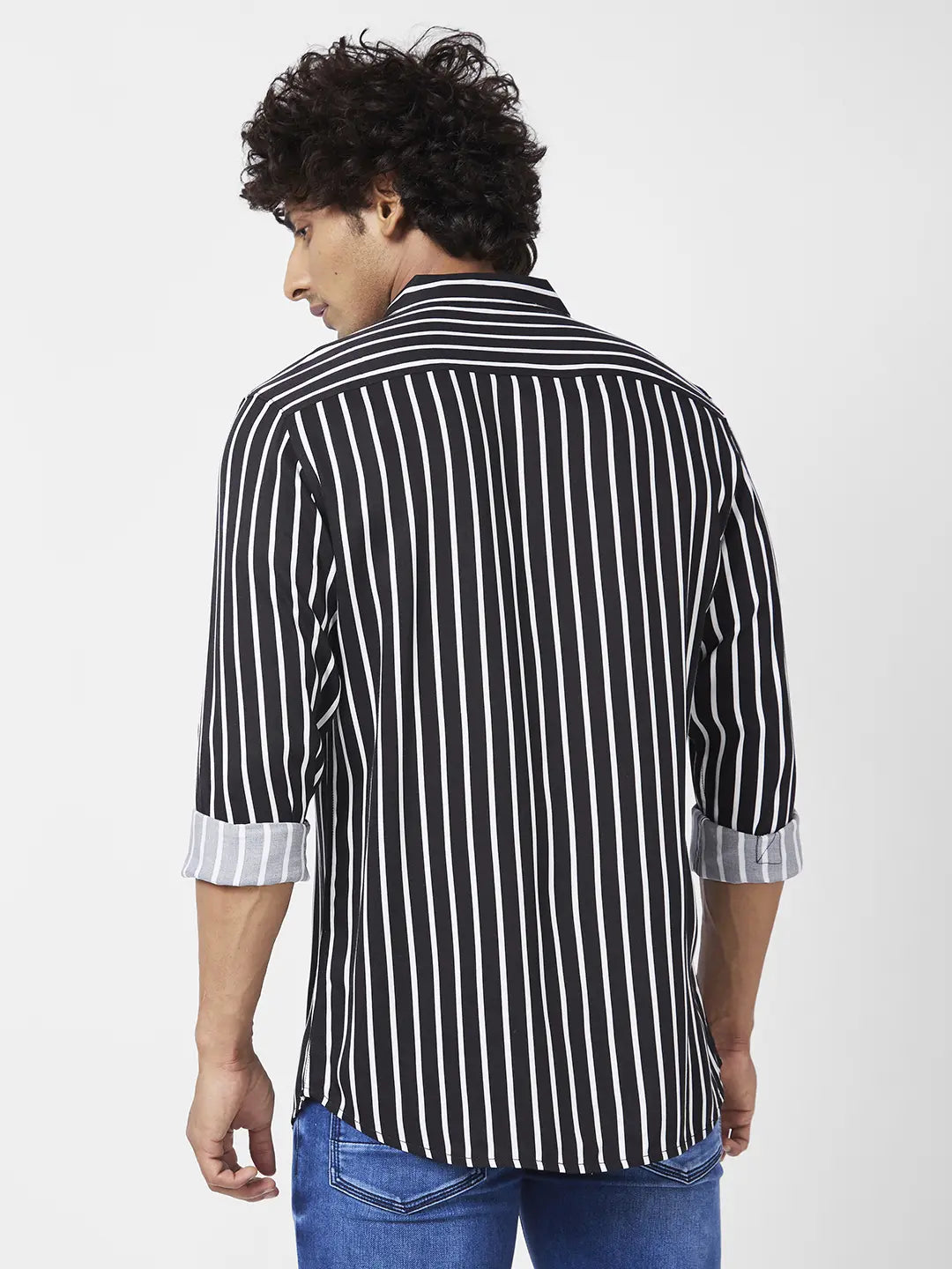 Spykar Men Jet Black Viscose Slim Fit Full Sleeve Casual Striped Shirt