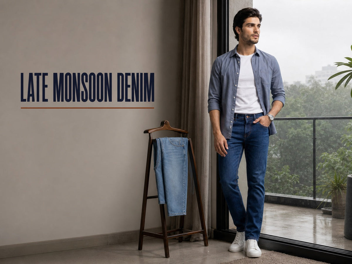 Adult man in dark blue Spykar cotton-blend jeans beside a balcony during late-monsoon weather