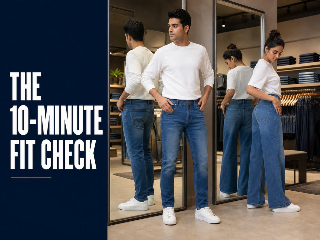 Adult man and woman checking the fit of Spykar jeans in a contemporary denim showroom