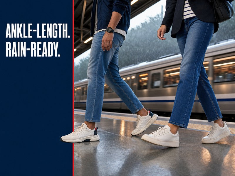 Man and woman wearing ankle-length jeans on a rain-wet railway platform | 