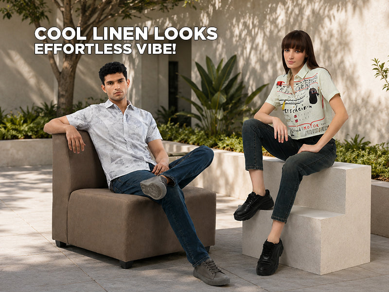 Men's White Linen Printed Shirt and Women's Casual Graphic Shirt
