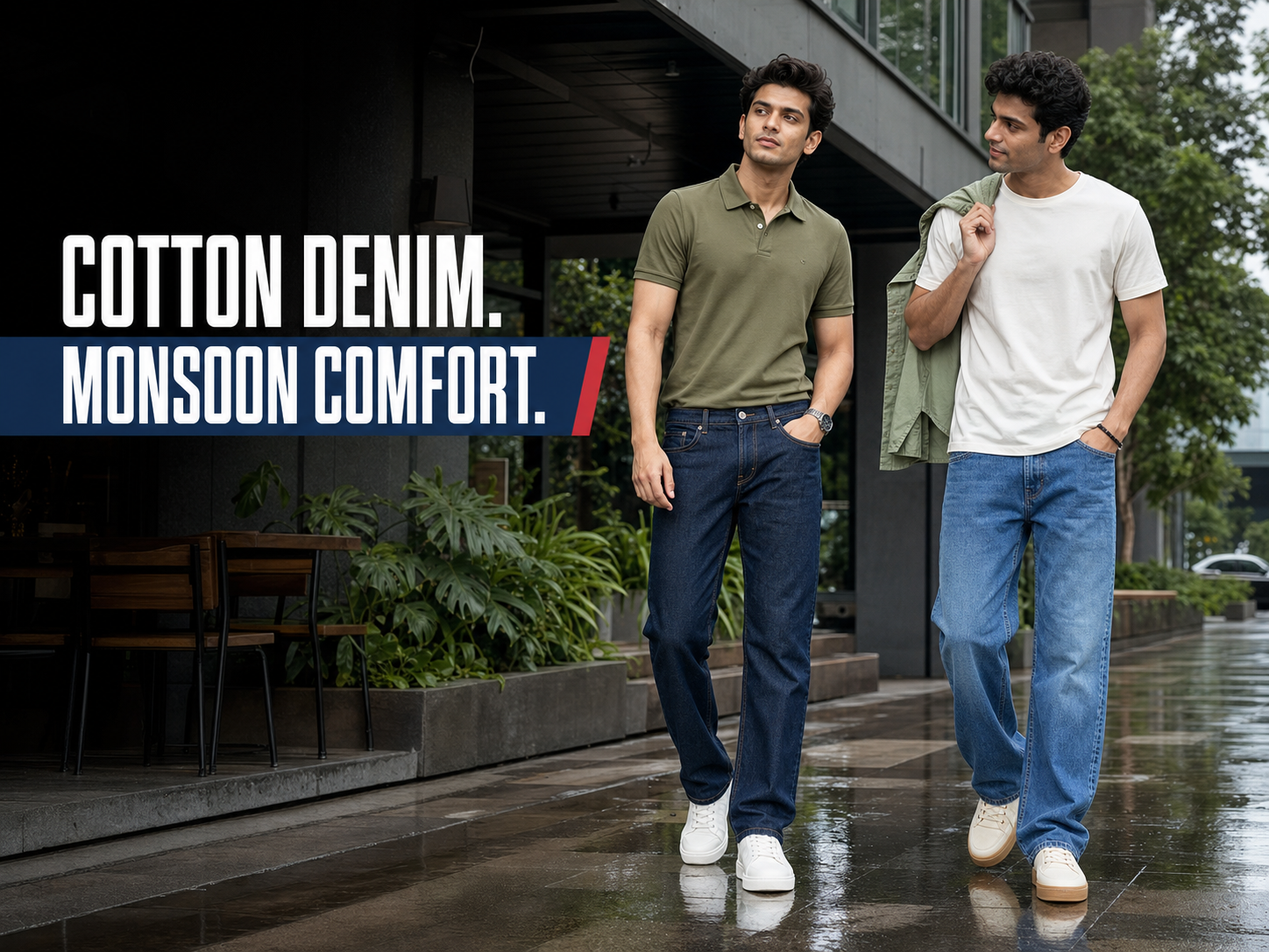 Two men wearing dark and light blue cotton jeans on a rain-wet city walkway |