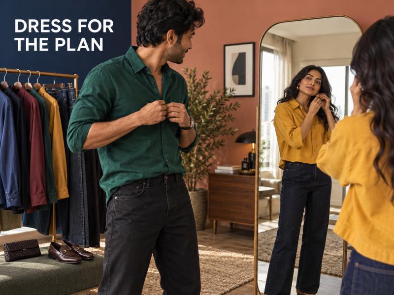  Adult Indian friends choosing modern festive denim outfits.