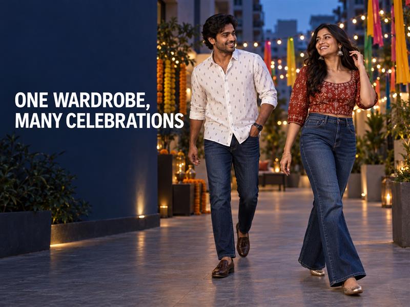 Adult Indian friends in festive shirts and dark-blue denim walking through a lit urban courtyard from Ganesh Chaturthi to Navratri.