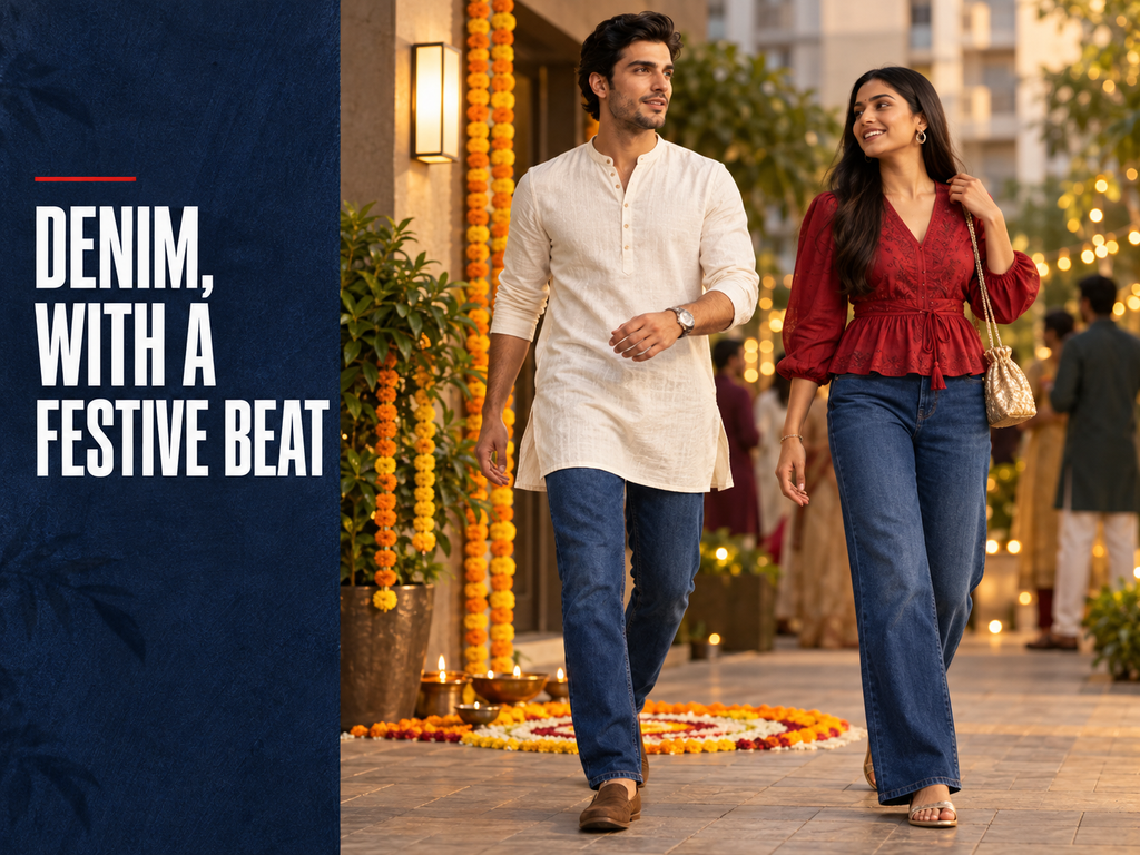  Adult Indian friends in festive denim outfits arriving for a Ganesh Chaturthi celebration