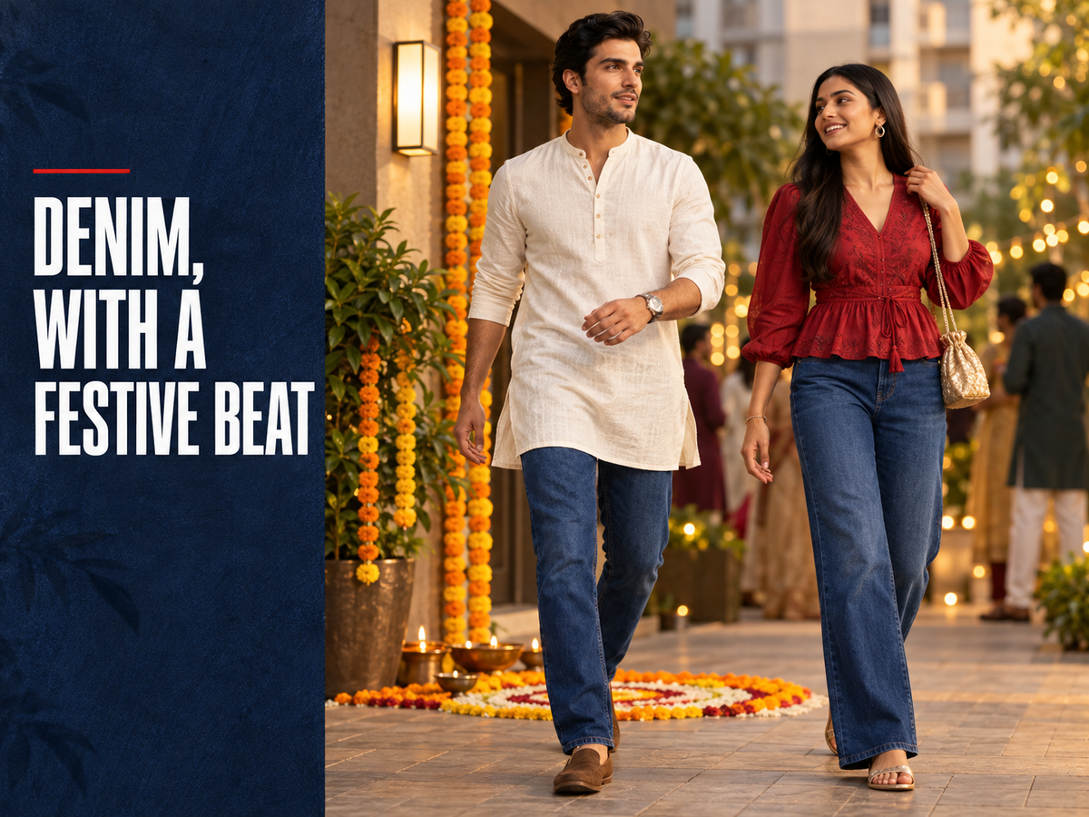  Adult Indian friends in festive denim outfits arriving for a Ganesh Chaturthi celebration