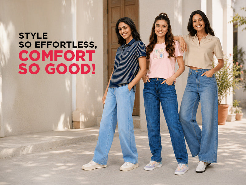 Women's Casual Comfort Wear Collection Polo Tops, Graphic T-Shirts, Wide-Leg Blue Jeans