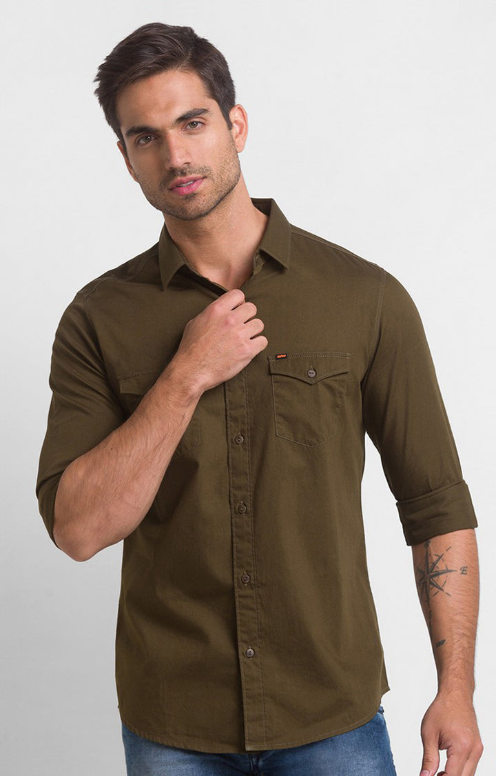 Spykar Military Green Cotton Full Sleeve Plain Shirt For Men