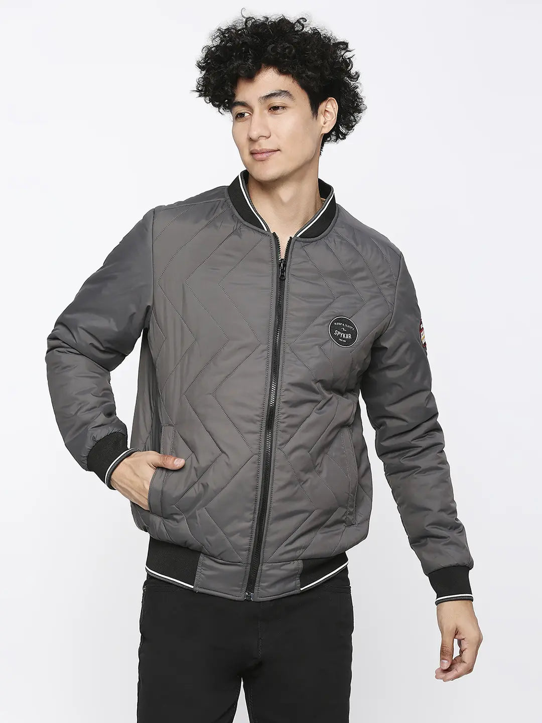 Spykar Charcoal Grey Desert Polyester Full Sleeve Casual Jacket For Men