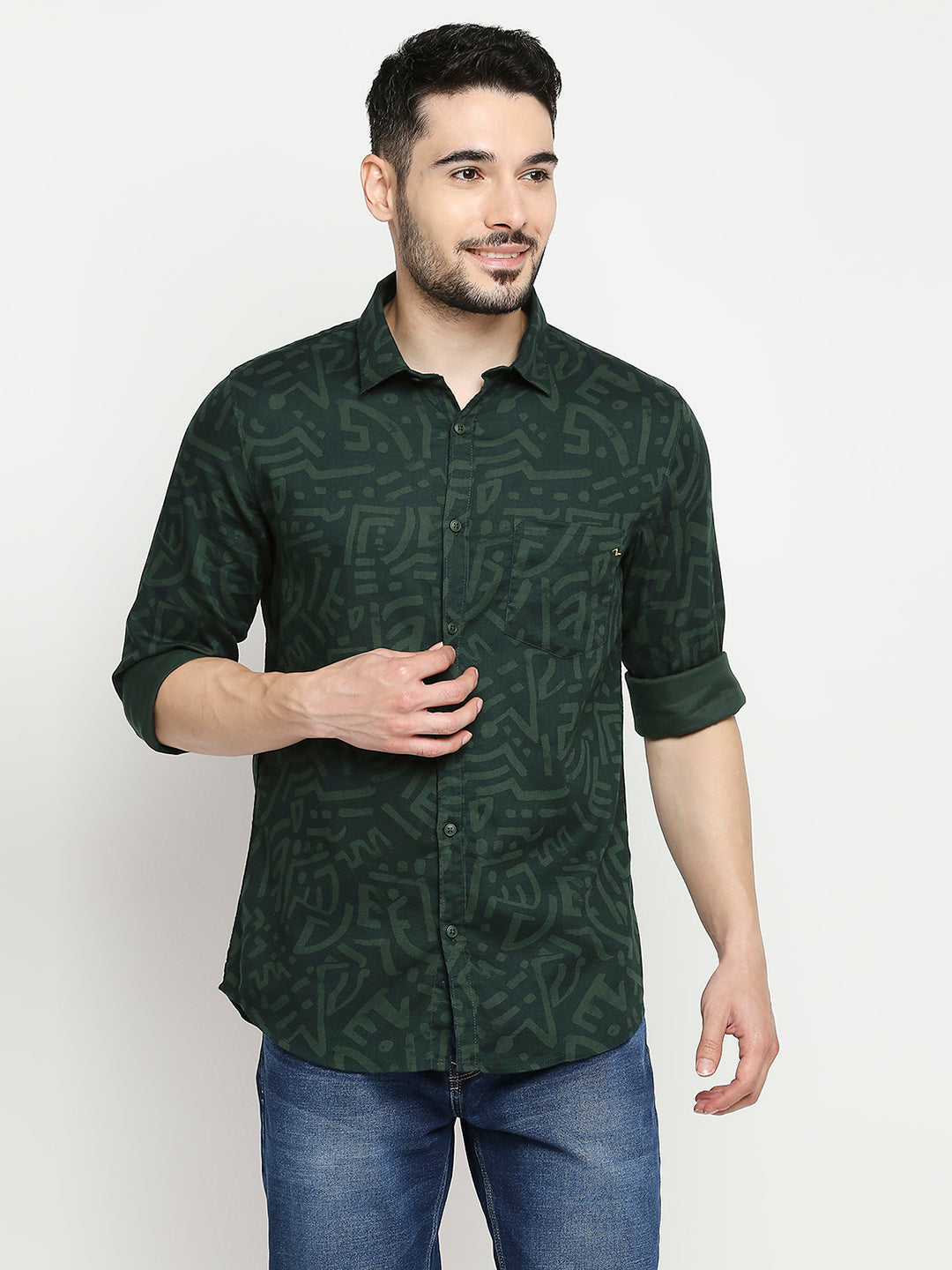 Spykar Bottle Green Cotton Full Sleeve Printed Shirt For Men