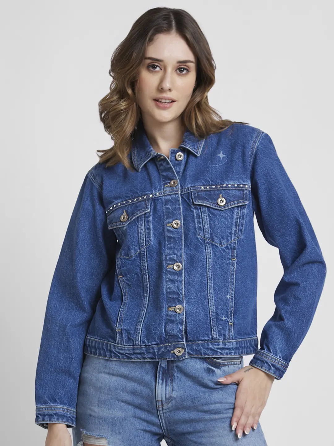 Buy Online Spykar Women Mid Blue Regular Fit Classic Collar Denim Jacket