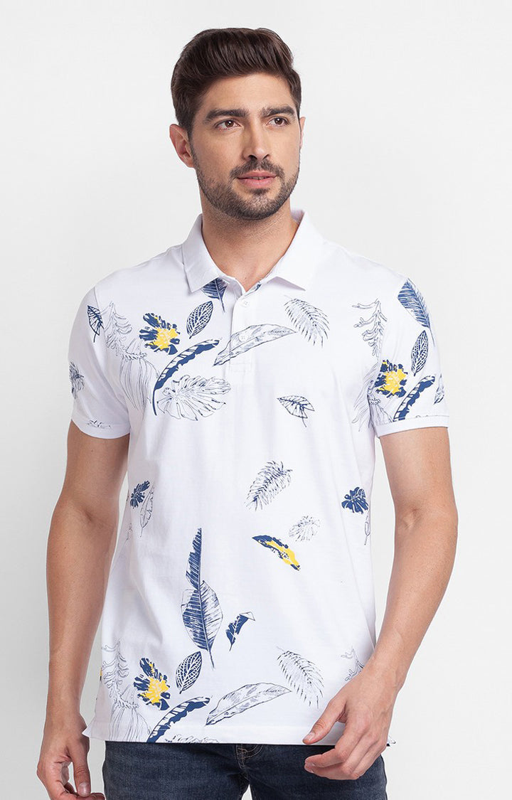 Spykar White Cotton Half Sleeve Printed Casual Polo T-Shirt For Men