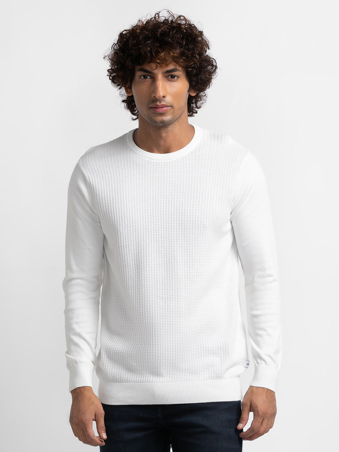 Spykar Ecru Cotton Full Sleeve Casual Sweater For Men