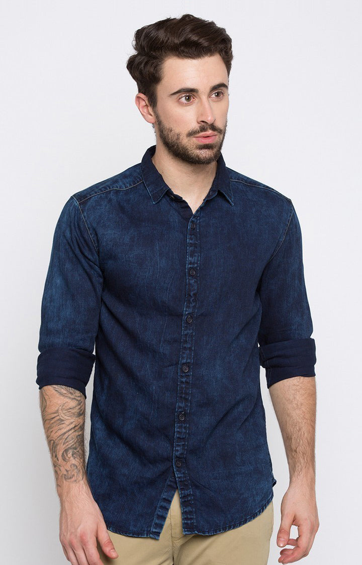 Spykar Men'S Blue Cotton Solid Casual Shirts